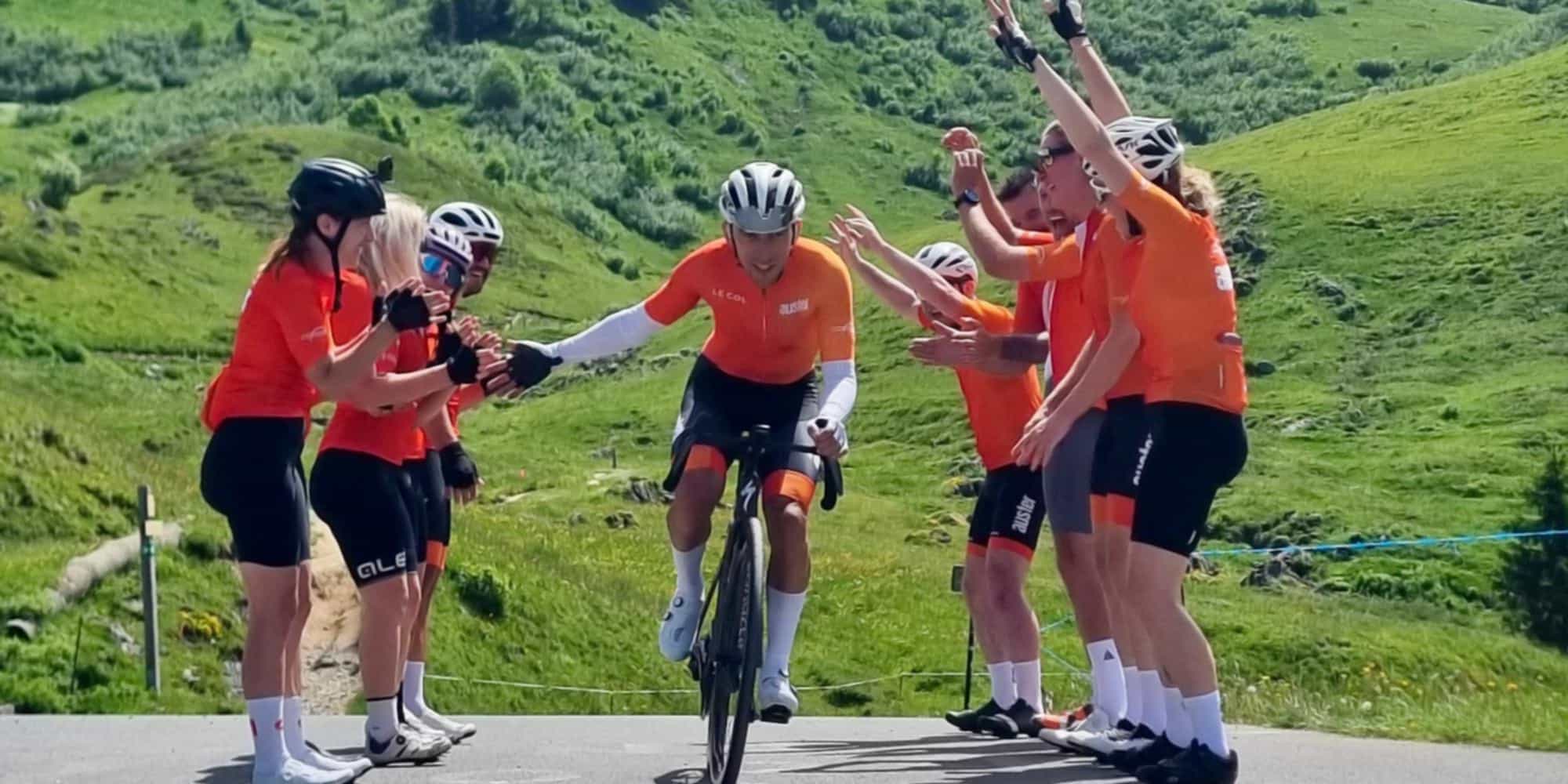 Auster club members wearing our kit in at the top of Joux Plane in the Alps