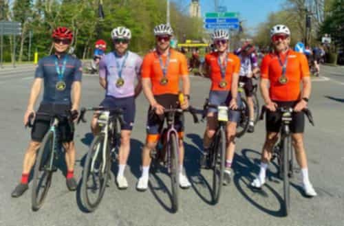 Auster riders at the end of the Tour of Flanders sportive, with medals
